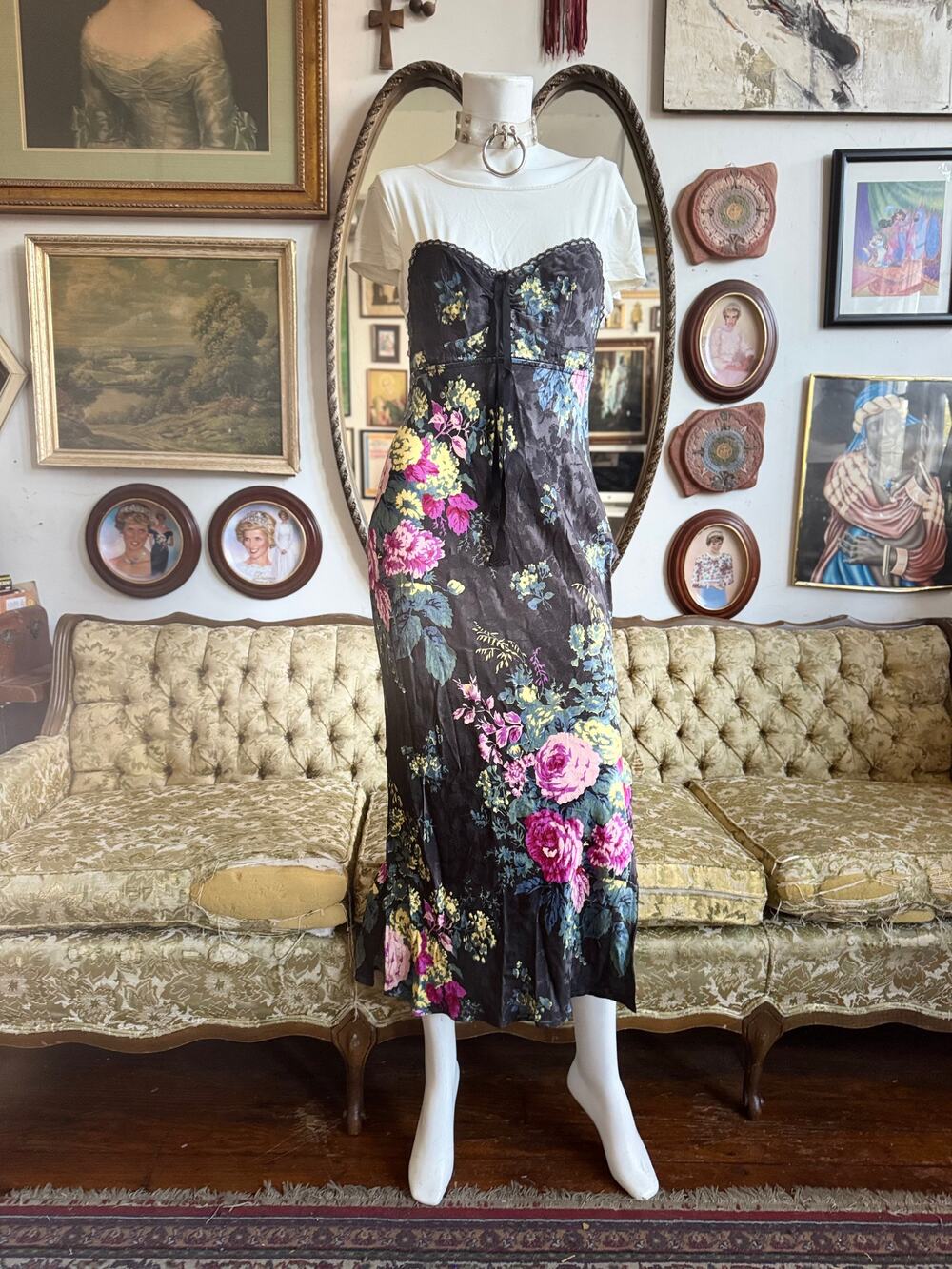 Anthropologie Twofer Midi Slip Dress w Floral Bustier Size Small